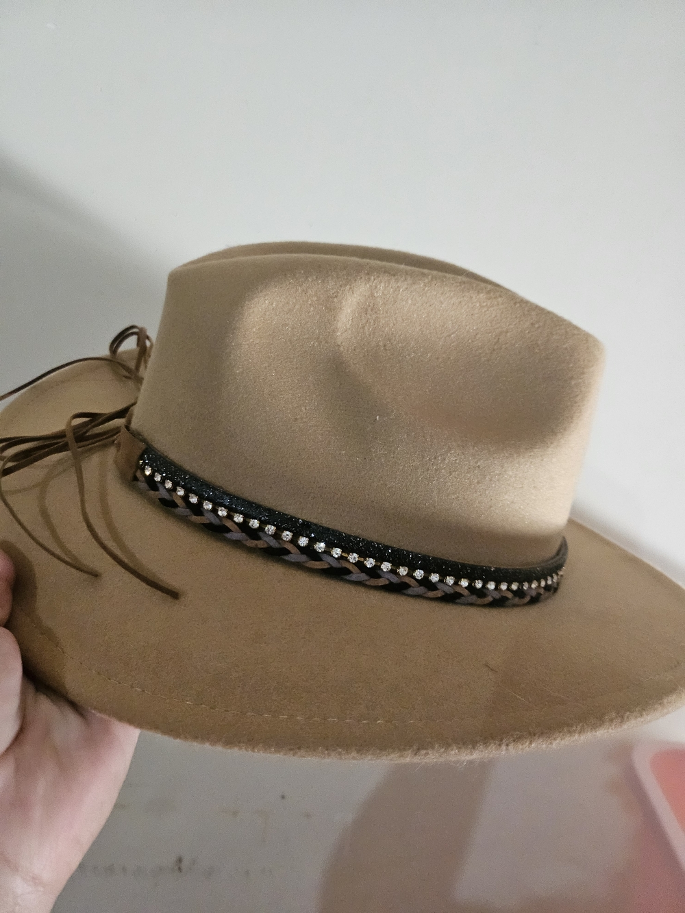 Tan Wool Felt Wide Brim Hat with Braided & Studded Band
